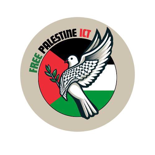 Free Palestine ICT logo featuring a dove and the Palestinian flag.